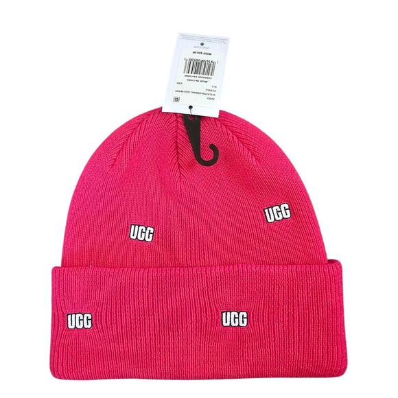UGG Women's Cerise Pink Scatter Graphic Logo Knit Cuff Beanie Size One Size - Picture 1 of 7